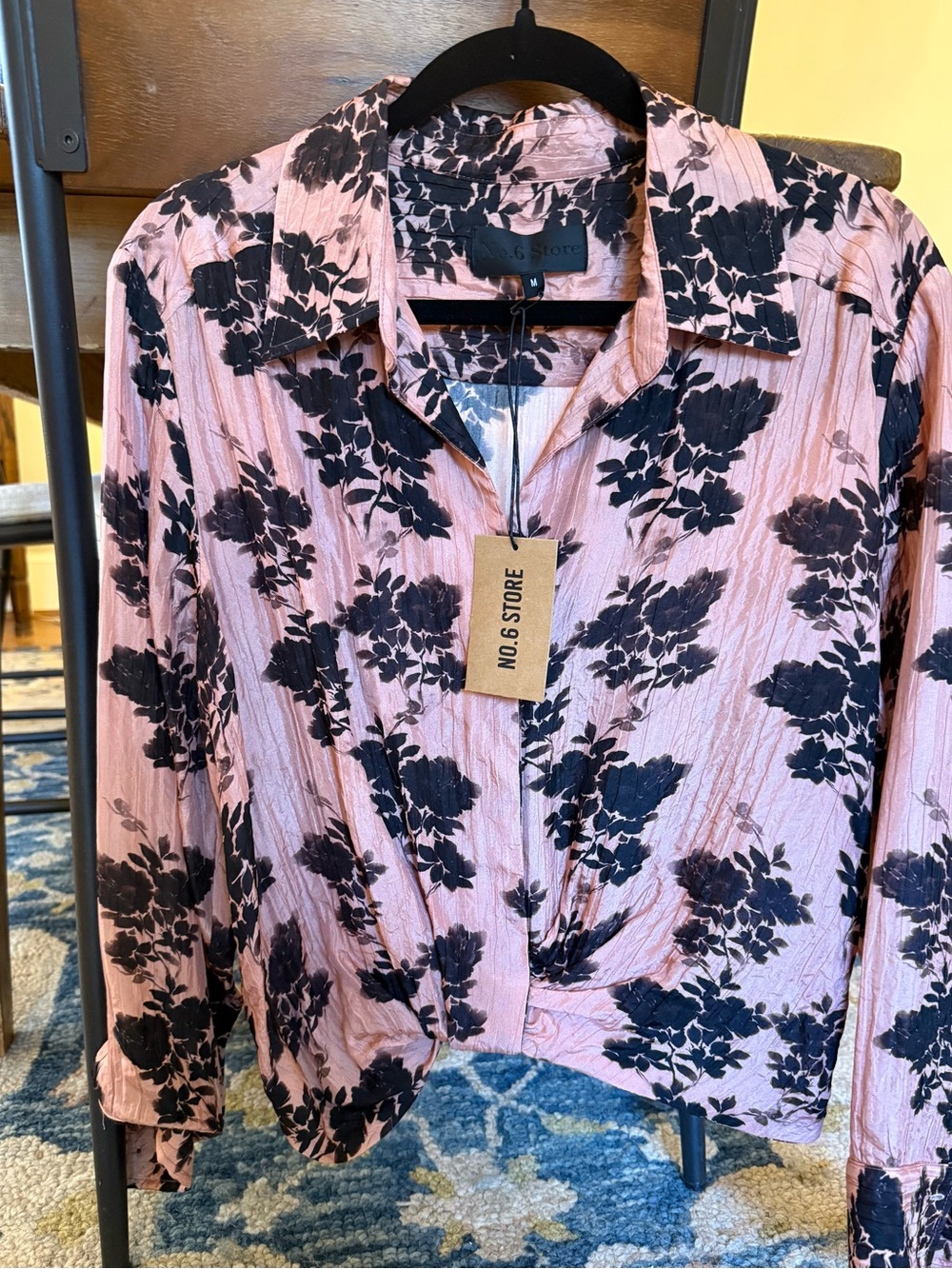 No. 6 Pink and Black Floral Button-Front Blouse